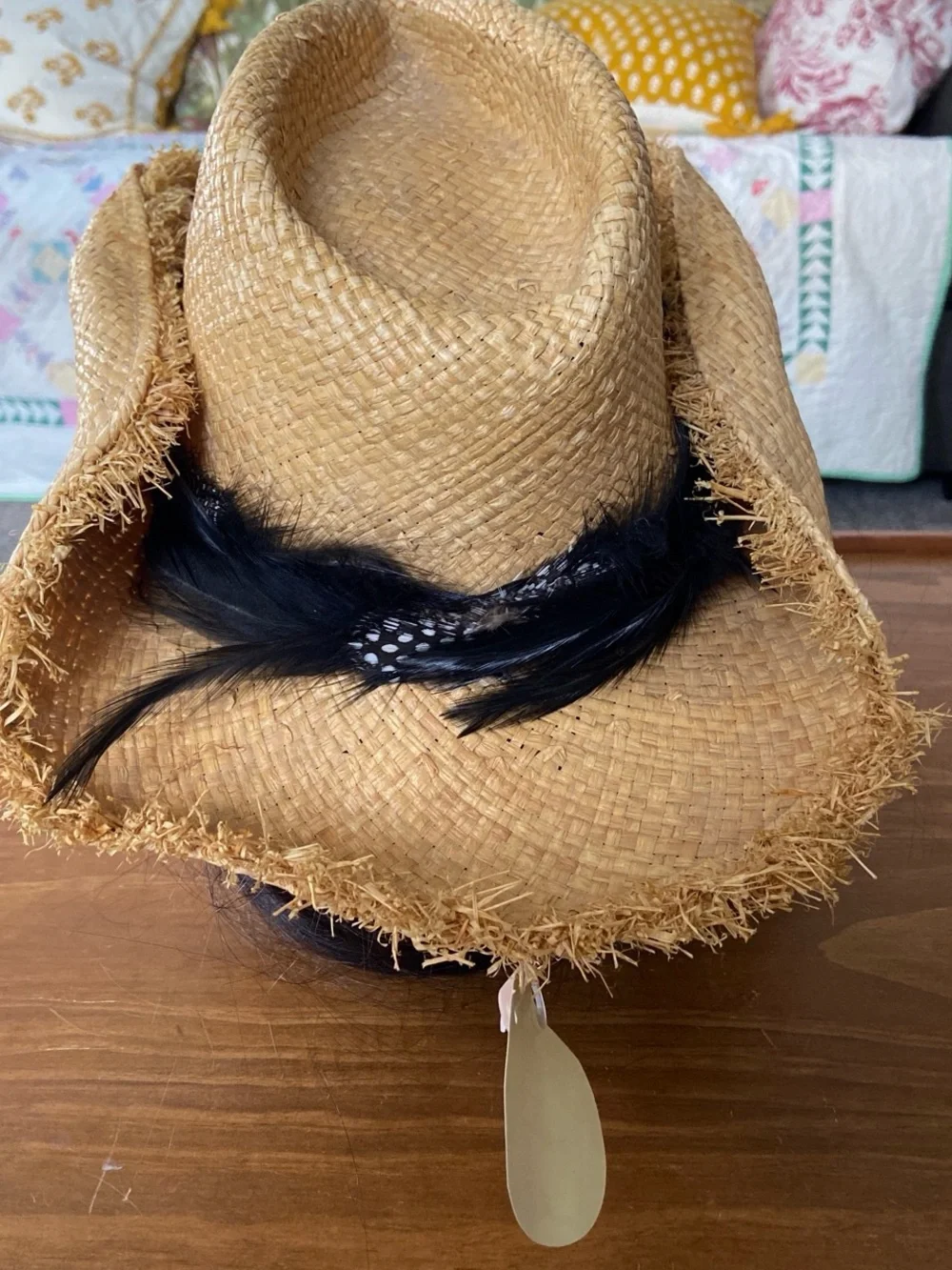 J Hats NWT Straw Cowgirl Hat with Brown & Black Feather Accent